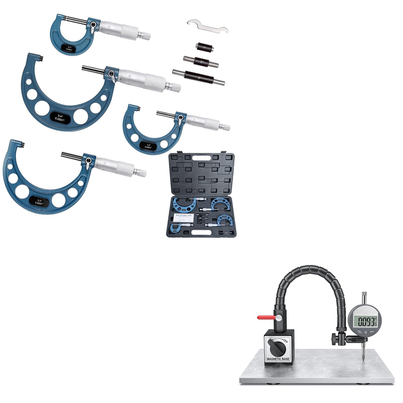 Juego, Micrómetro de Maquinista de 0-4", Juego de 4 Herramientas de Maquinista, Calibrador de Dial Resistente a los Golpes Calibrador de Dial de Precisión con Reloj Rango de 0-9".