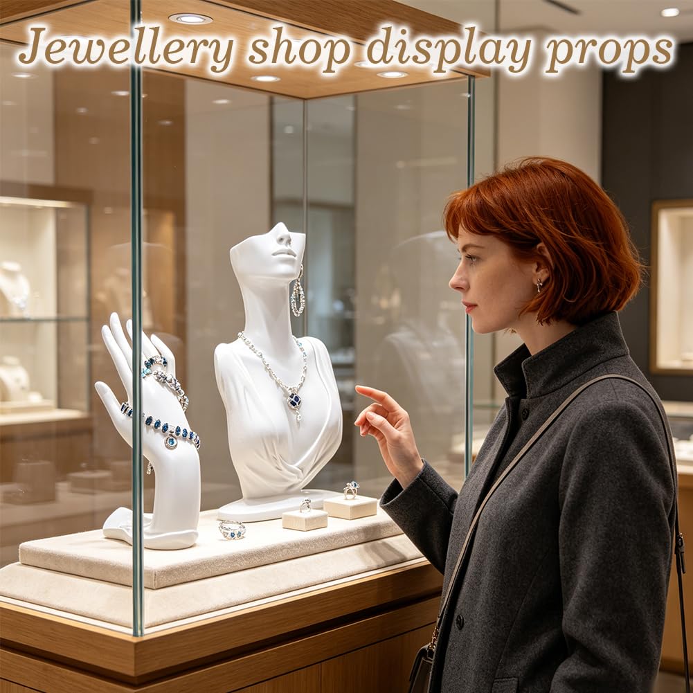 nbeads 1 ensemble Buste de Mannequin pour Collier, Présentoir à Boucles D'Oreilles Présentoir à Bijoux en Résine Blanche Comprenant un Buste de Femme un Support pour Bagues Bracelets et Pendentifs