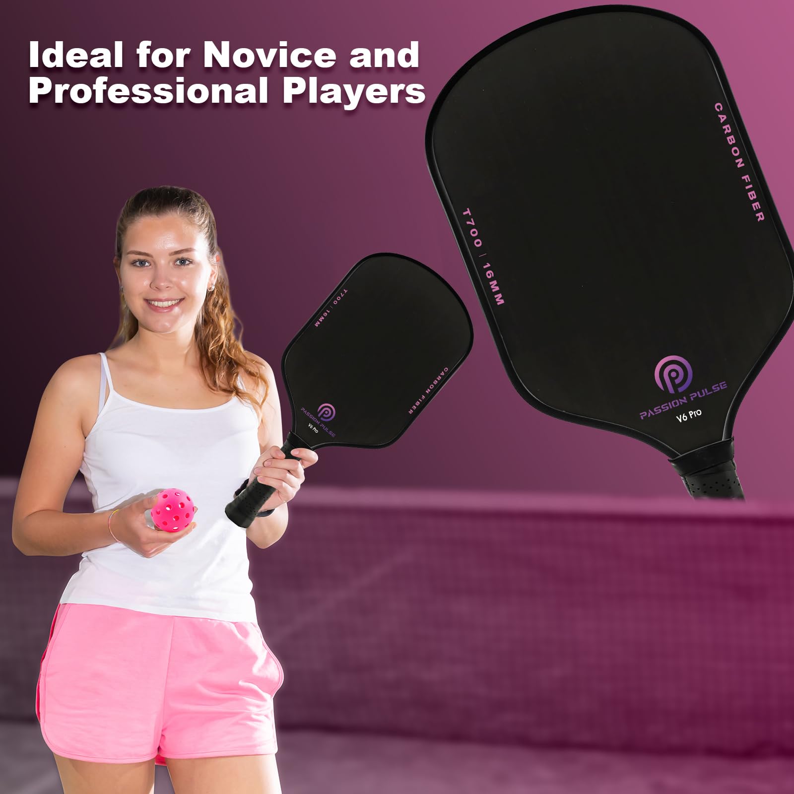 Pickleball Paddles 2025,Raw Carbon Fiber Surface?CFS? 16mm T700 High Grit & Spin, Pro Pickle Ball Paddles Designed for Ultimate Spin & Consistency, Cute Pickleball Paddle(Black & Purple)
