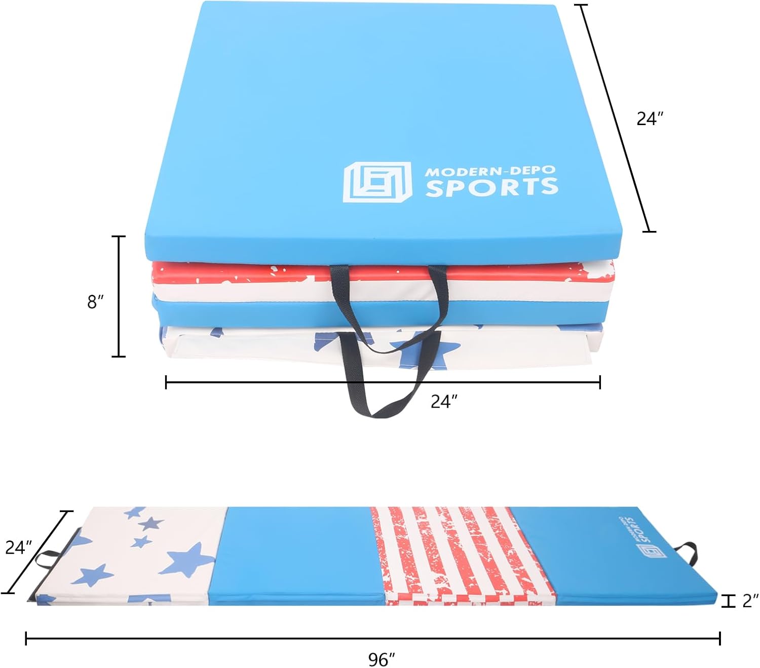 Modern-Depo Gymnastics Mat for Home 4 Panels Folding 4'X8'X2" or 4'X10'X2" With Handle, Hook Loop, Waterproof Cover, 100% EPE Core, Multi Colors Available