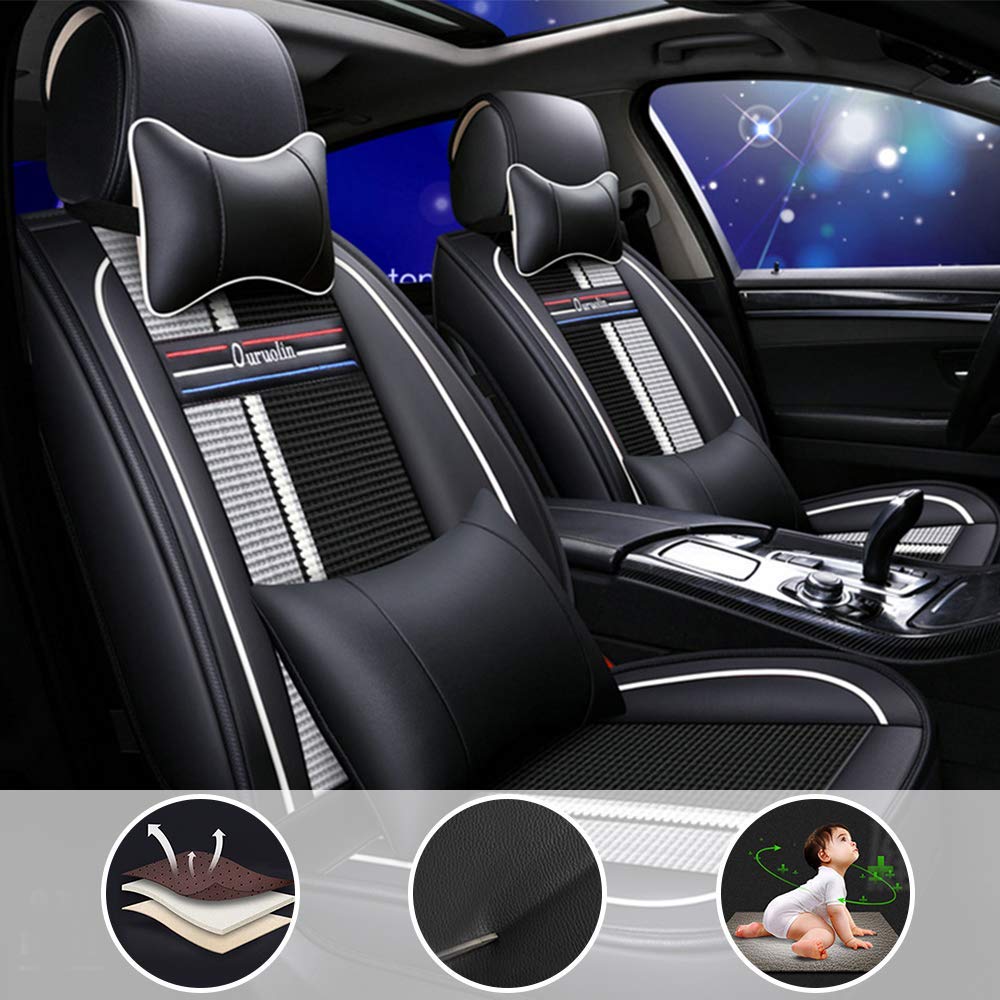 shanhua All-weather Seat Cover Custom Fit For Hyundai Veracruz Also For Most 5-Seater Cars with Headrest and Lumbar Cushion Black white Full Set