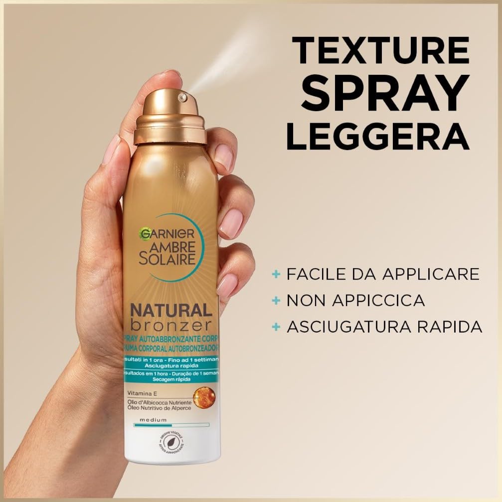 Garnier Spray Autoabbronzante Natural Bronzer, Per un'Abbronzatura Uniforme e Naturale, A Rapido Assorbimento, Azione Nutriente, Con Olio di Albicocca e Vitamina E, Ambre Solaire, 150 ml