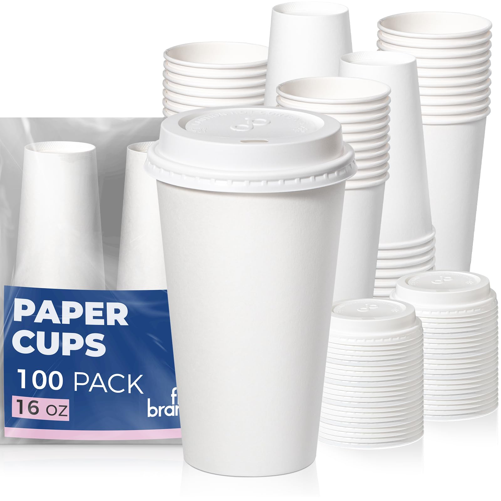 Fit Meal Prep 100 Pack 16 oz Disposable Coffee Cups with Lids, Premium To Go Paper Cups, Leak Proof Hot Coffee Cups with Lids for Travel, Office, Hot/Cold Beverages (White Lids)