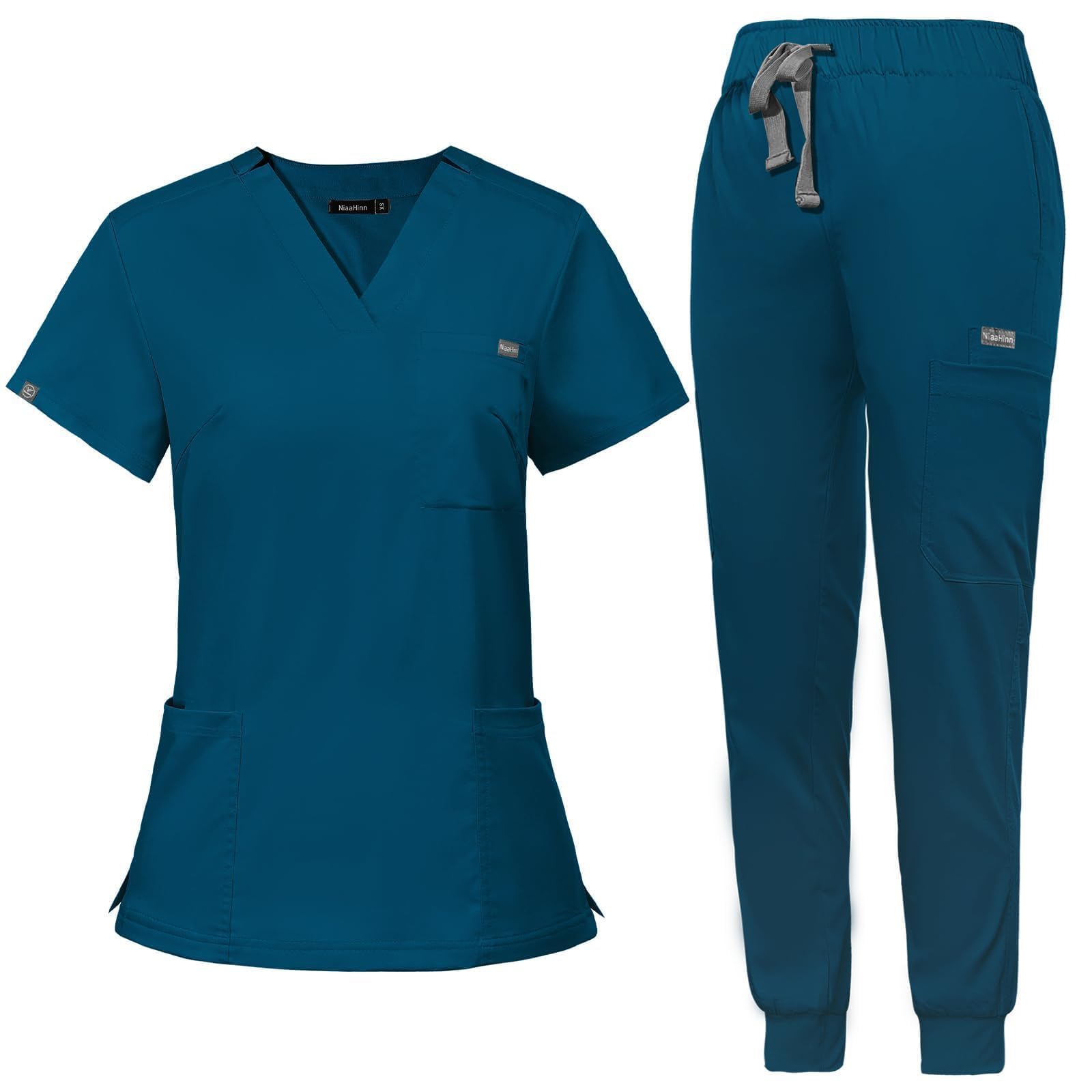 niaahinn Scrub for Women Scrubs Top with Classic V-Neck & Yoga Jogger Pants Medical Nursing Uniform Scrub Set (Caribbean Blue, L)