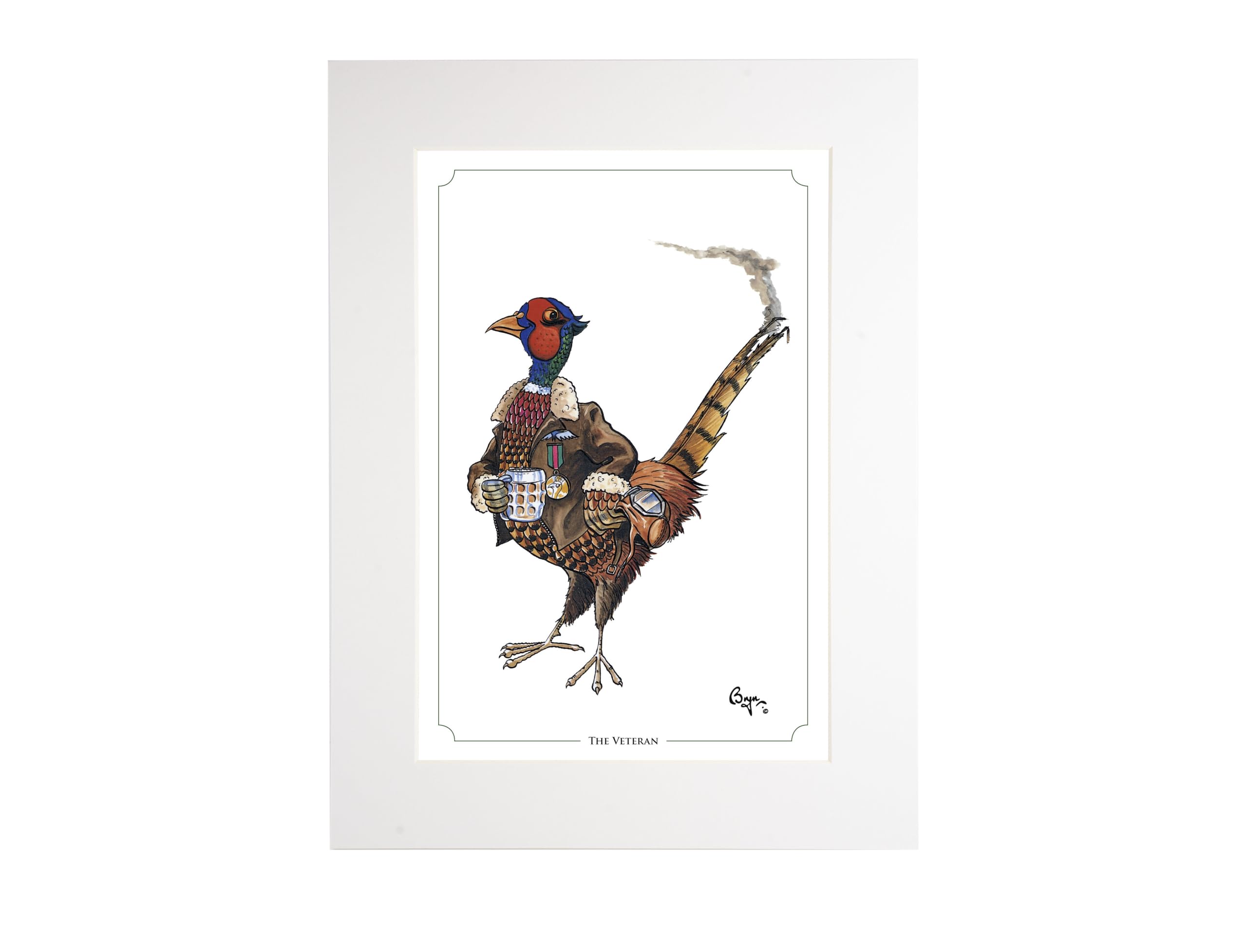 Bryn Parry Earthy Tones The Veteran Pheasant Themed Sporting Cartoon. Open Edition, Embossed, Collectable Mounted Print Ready To Frame