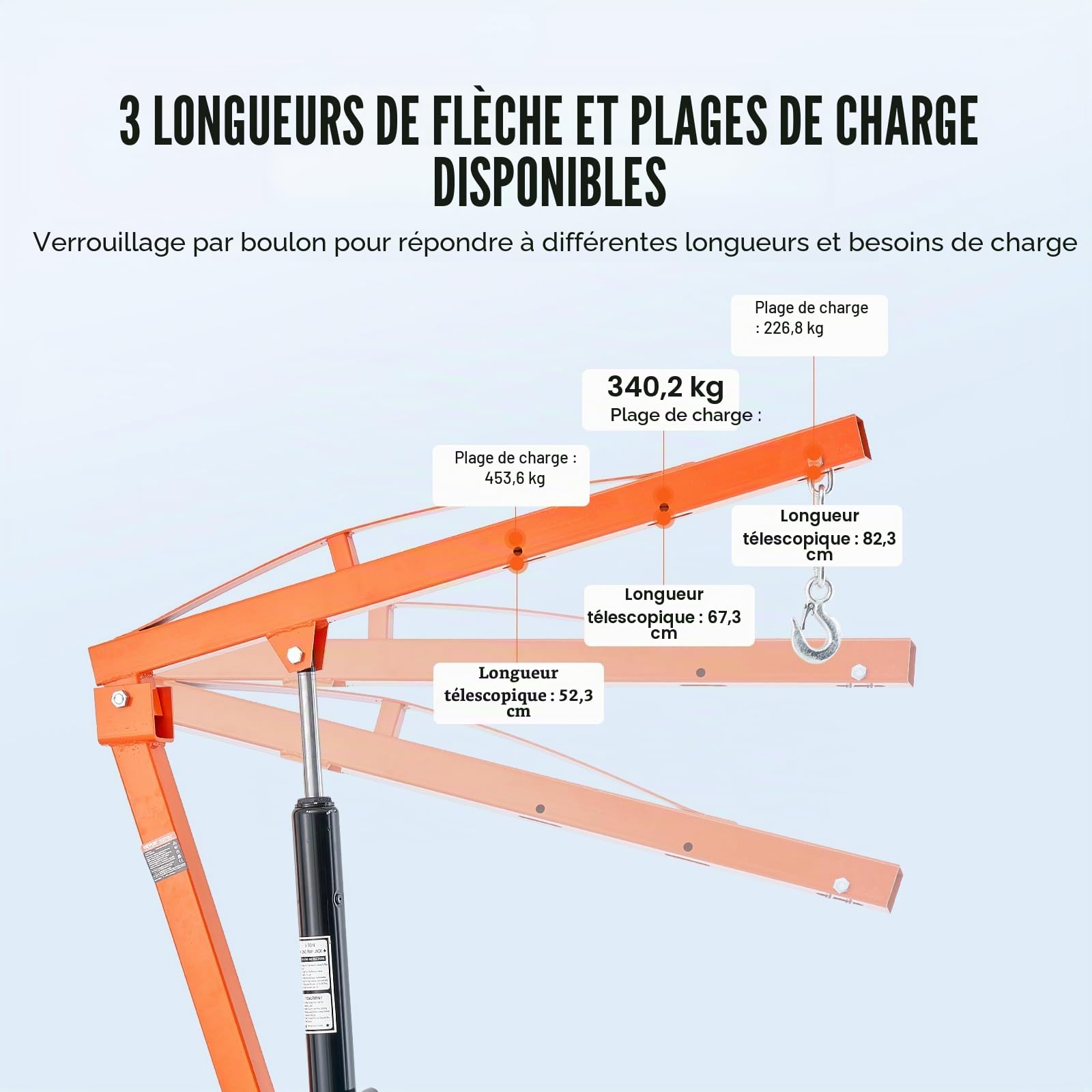 VEVOR Grue hydraulique pour camionnette, capacité de 450 kg, grue montée sur attelage avec 3 capacités de flèche de 227 kg, 340 kg, 450 kg, pour le levage de marchandises dans la construction, l'usine