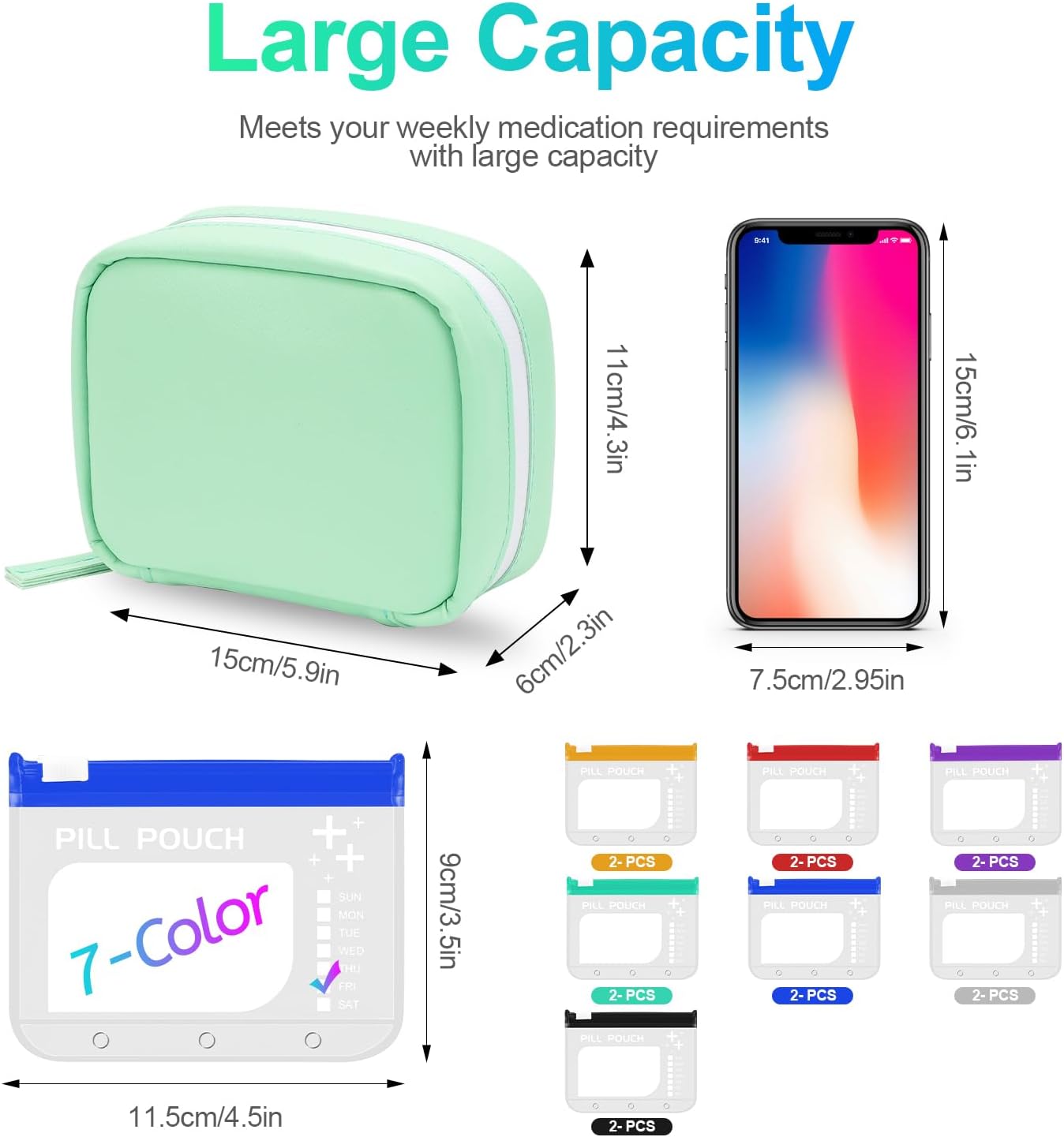 A8 Waterproof Pill Organizer Set, Twice-Daily Large Pill Organizer for Seven Days, Pill Storage with 14 Color-Coded Pouches, Reusable Travel Medicine Organizer - Image 2