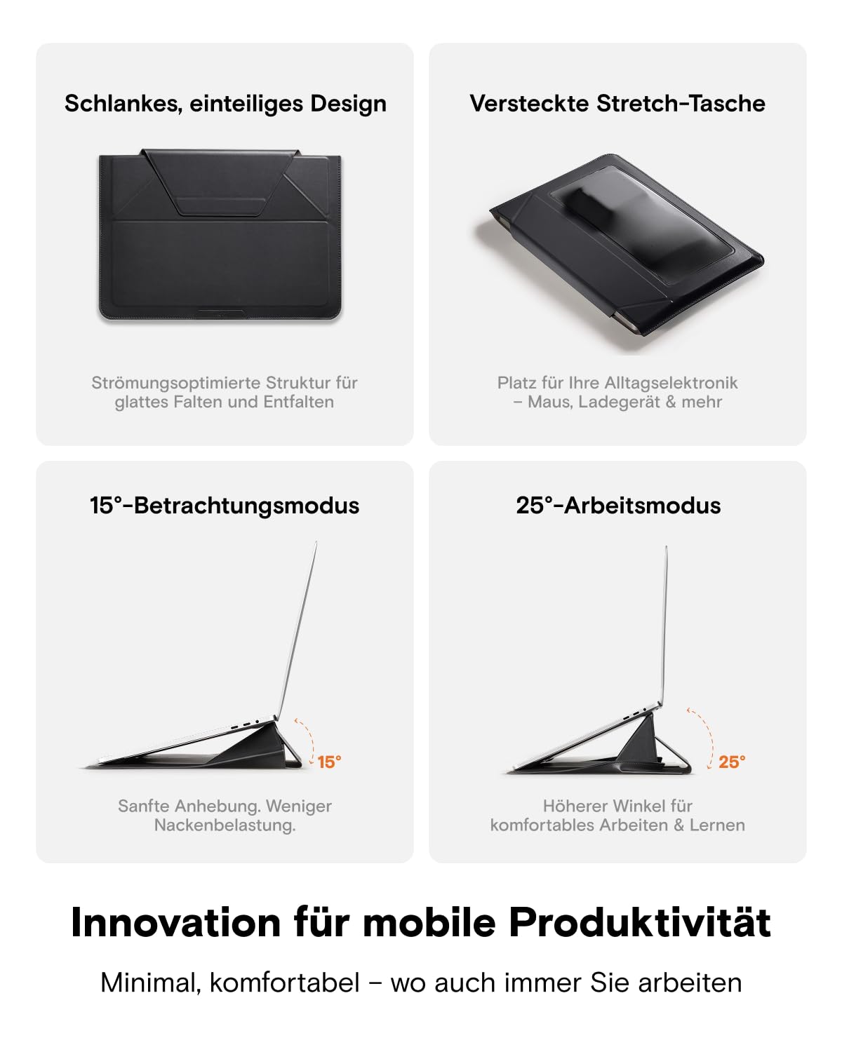 MOFT Laptoptasche Hülle & Laptop Ständer für 13-14 Zoll Laptop, Vegan Leder Laptoptasche mit Erweiterbarem Stauraum, 2 Verstellbare Winkel, Kompatibel mit MacBook Air/Pro 13-14 Zoll, Schwarz