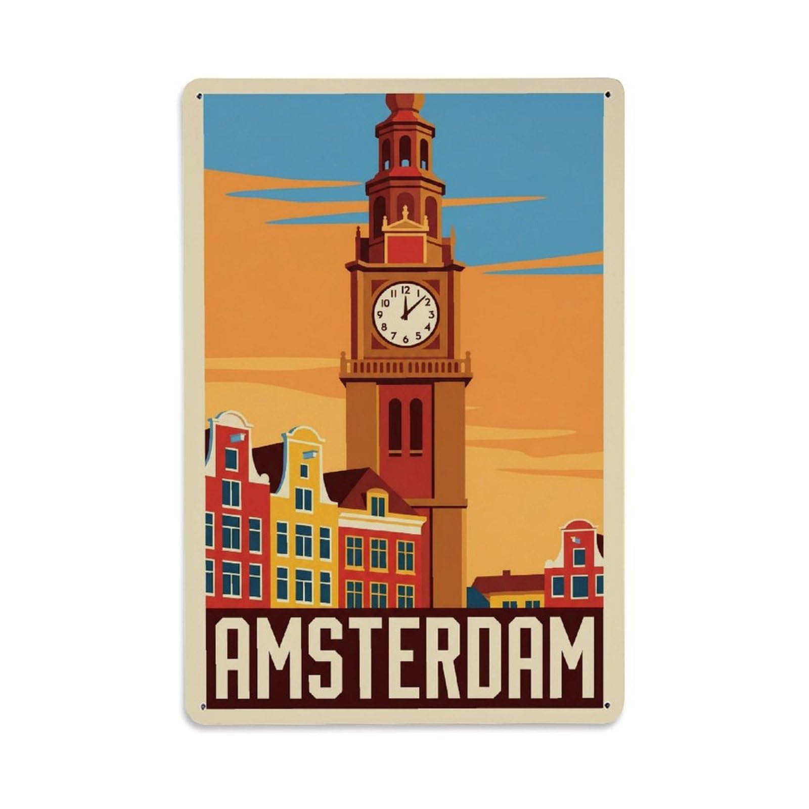 Okngb Style Belltower Historic Amsterdam Retro Architecture Tourism Metal Tin Sign Plaque Wall Decor For Cafe, Man Cave, Club Bar, Office, Home Garden Round Metal Poster 8X12inch