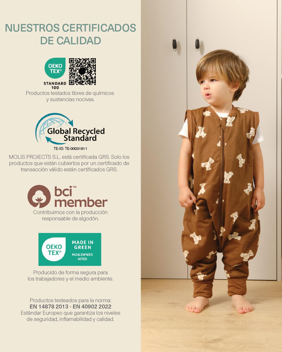 molis&co - Pijama Manta con Mangas Desmontables y Calcetines Antideslizantes - 1.0 TOG - Ideal para Primavera y otoño - 100% algodón (Oeko-Tex 100) (Teddy Mocca, 3 años)