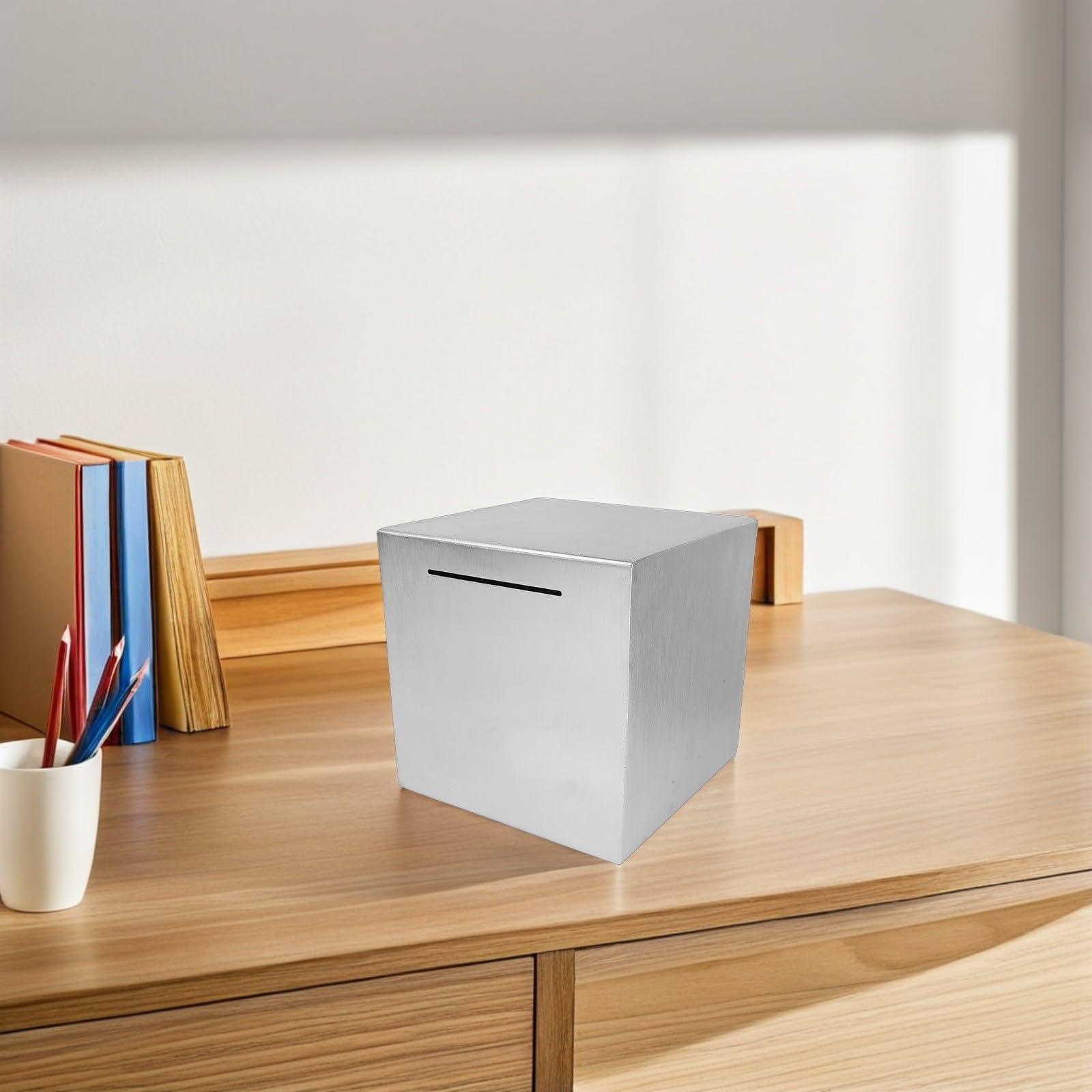 KOMBIUDA Tirelire Coffre-fort en Métal Argent 20x20x20 Cm, Boîte à Économies Inouvrable Multifonction pour Bureau et Maison, Coffre Sécurisé pour Adultes et Collecte de Dons