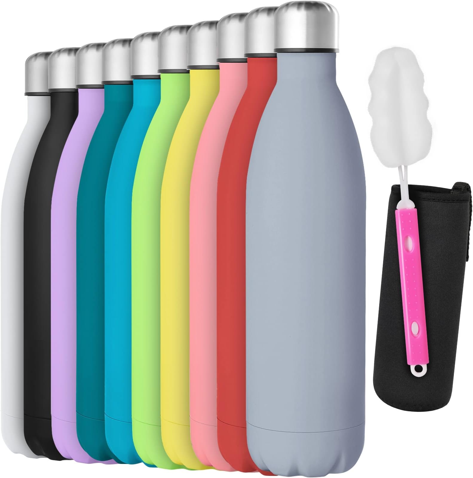 GeeRic 750 ml Stainless Steel Water Bottle, Thermos Bottle, Double-Walled Thermos Flask, 750 ml, Leak-Proof, BPA-Free, Rust-Free, Insulated Bottle, Keeps Cold, with Cup Brush, Cup Protection