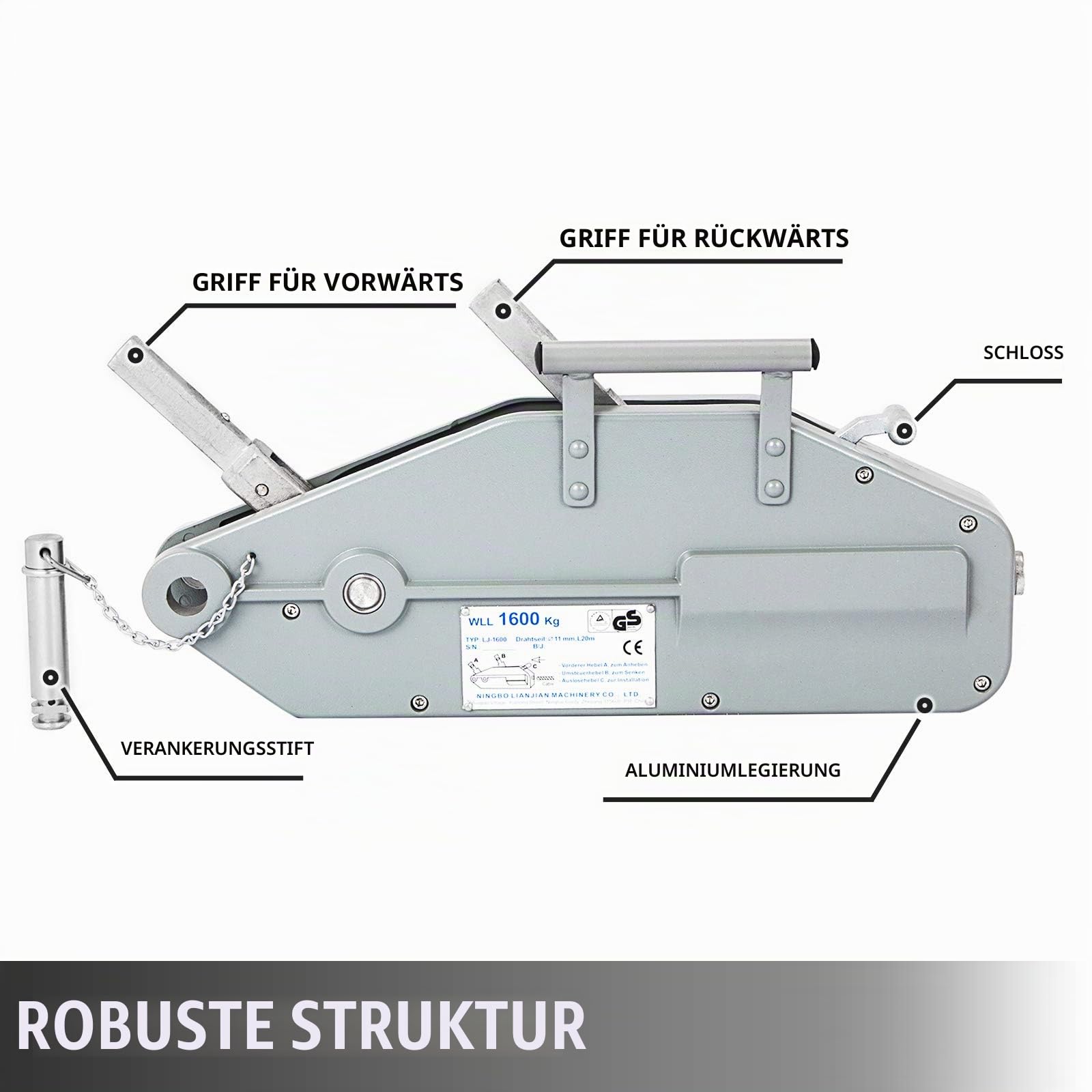 VEVOR Seilzug bis 1600 kg Kapazität mit 20 m Seil Forstseilwinde mit bremse zum Ziehen Spannen und Heben Handseilwinde Seildurchmesser 11 mm maximale Reiselast 2400 kg
