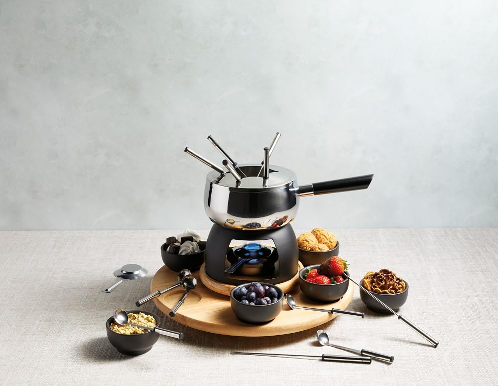 Artesà Juego de Fondue con Plato Giratorio Lazy Susan, Olla de Fondue de Acero Inoxidable con Quemador, Recipientes y Utensilios, Juego de 22 Piezas, Negro
