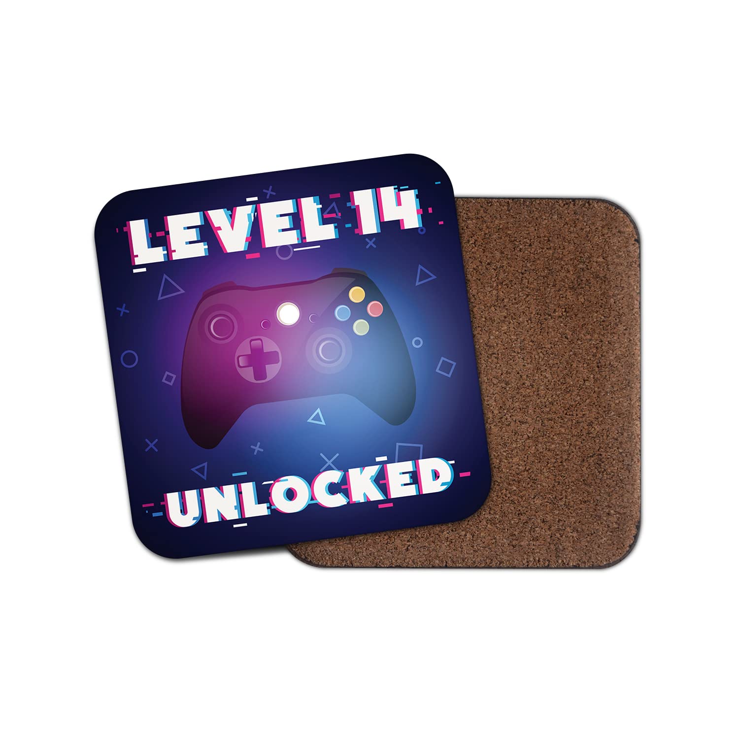 Square Single Coaster - Gamer Birthday Level 14 14th Fourteen Fourteenth Unlocked Gaming Game Controller Glitch Girls Boys Men Teenager Teen Mancave Gift #78601