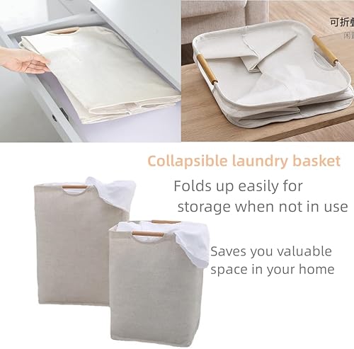 Miniatura 5 de Cesta de lavandería impermeable de 100 L, cesta de lavandería extragrande con mango de madera, cesta de almacenamiento de ropa plegable para