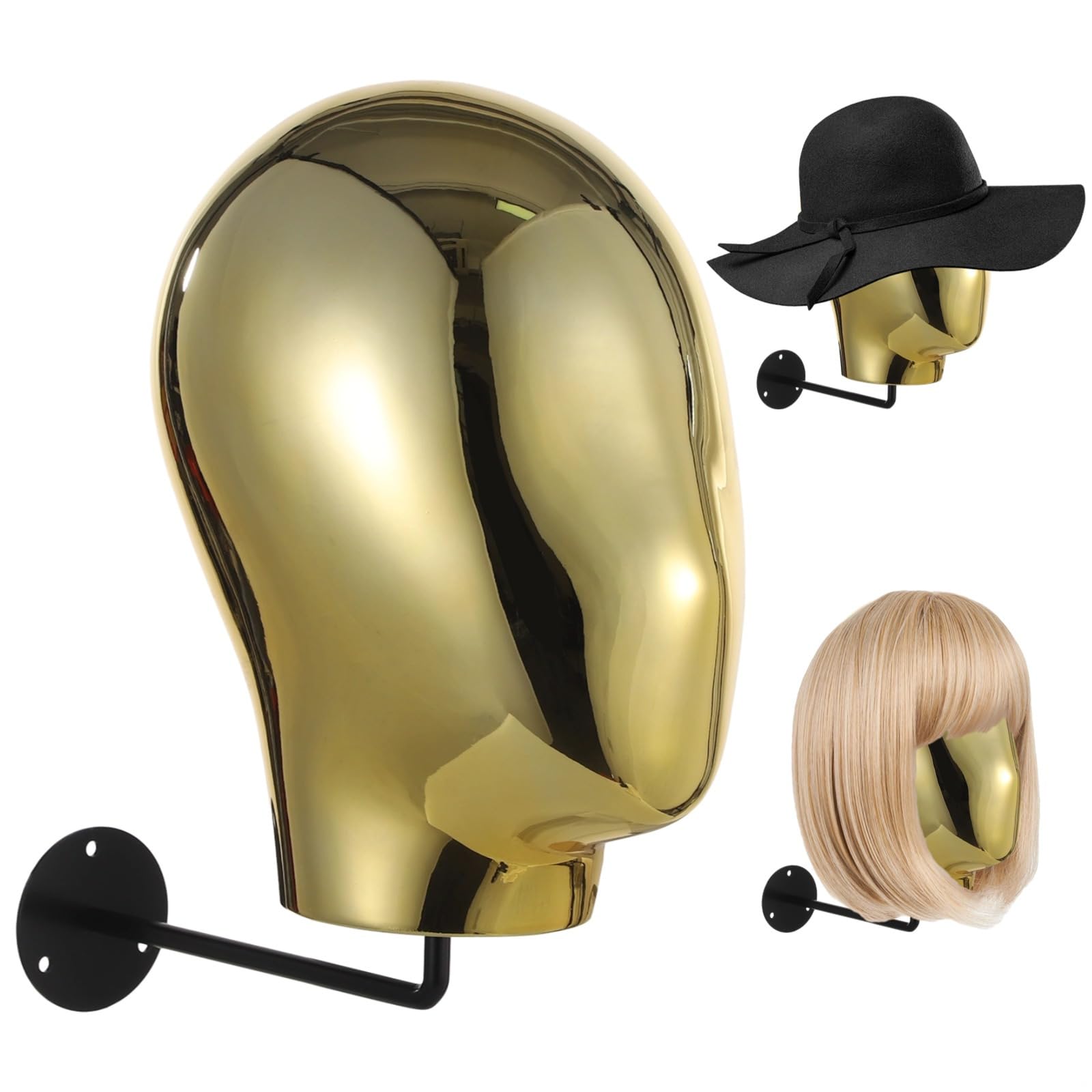 LUMINFLY Mannequin Head Display Rack For Wigs, Wall-Mounted Gold Chrome Holder For Hats & Glasses