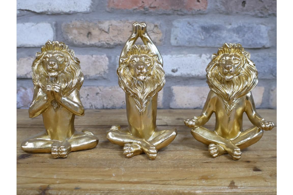 Venture Vehicles Ltd Gold Set Of 3 Resin Lions In A Yoga Pose | Decorative Ornament Figurines