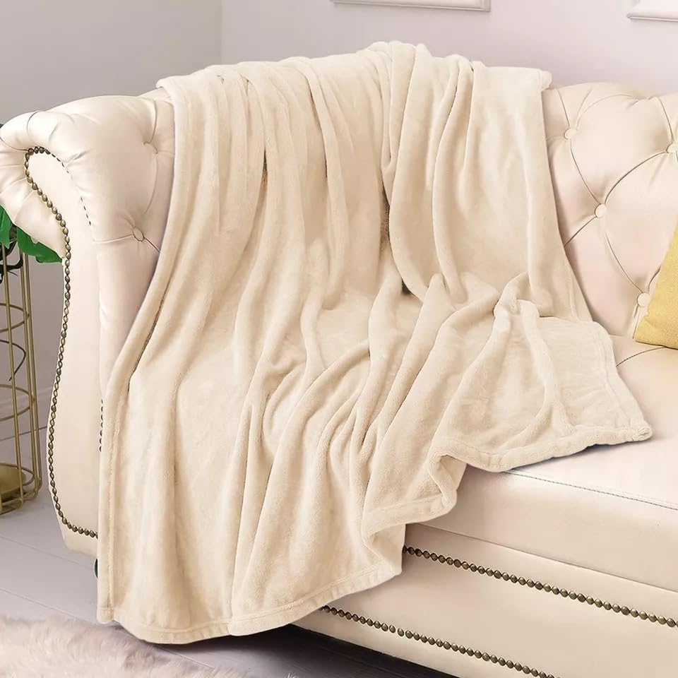 Plain Throw Fleece Blanket Supersoft Warm Cozy Sofa Settee Bed Cover for Home Couch & Bedroom (Cream, Double)