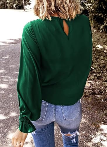 Dokotoo Womens Ladies Elegant Bell Long Sleeve Spring Summer Tops Crewneck Chiffon Office Work Shirt Tops And Blouses For Women Casual Loose Shirts Green Medium #TOP1