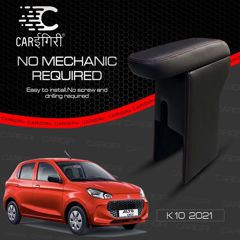 Image of Carigiri Premium Finish Car Armrest with Storage Box And High Density Moulded Foam For Alto K10 (Models-2021-2025) (Red Seam,Nappa Leatherette)