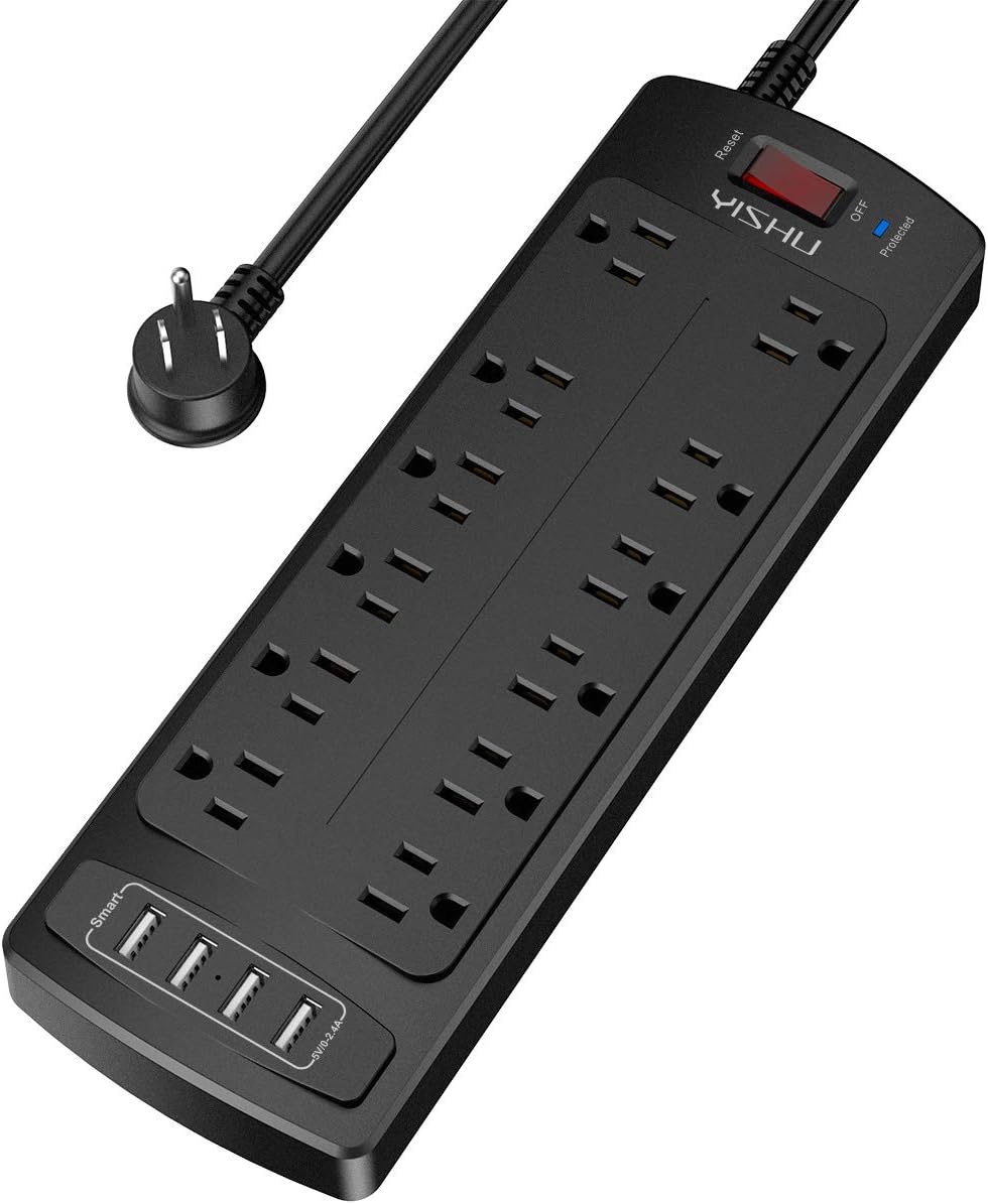 Power Strip,YISHU Surge Protector with 12 Outlets and 4 USB Ports,6 Feet Extension Cord, Wall Mountable Overload Protection Outlet for Home & Office, Black