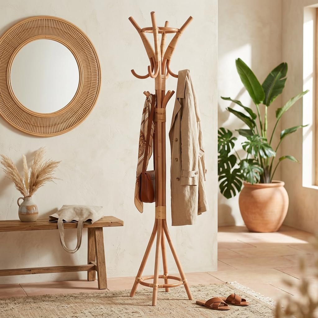 Appendiabiti da Terra in Rattan Naturale Stile Boho Chic con Ganci a Diverse Altezze, Design Decorativo per Ingresso e Camera da Letto, 37 x 155 cm