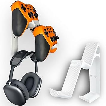 Retro Dual Gaming Controller & Headphone Stand Wall Mount with Cable Holder | Stick-On Adhesive No-Drill | ABS Organizer for Gaming Room & Desk | Includes Cleaning Wipes (White, Pack Of 1)