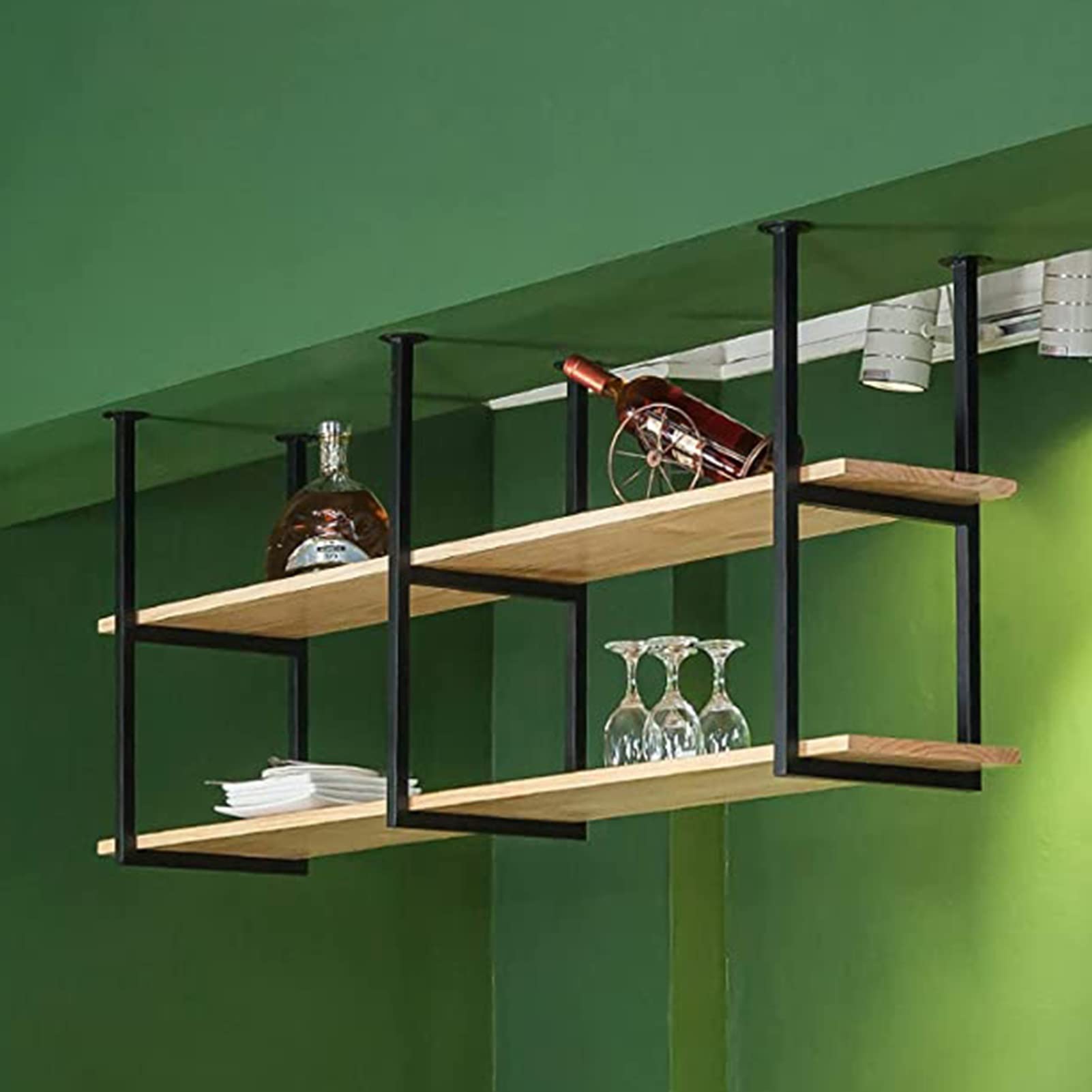Étagère de plafond en fer forgé pour gagner de la place, rangement suspendu bois massif cuisine