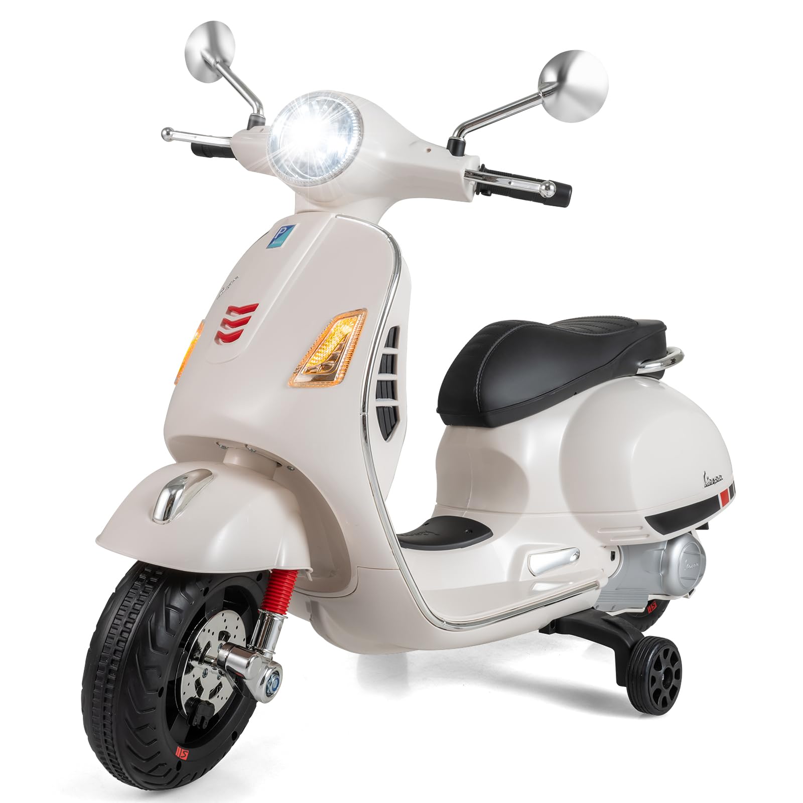 RELAX4LIFE Moto Elettrica per Bambini, Vespa Licenziato con Luci LED, Ruote di Addestramento, Musica, Clacson e Pulsante di Avvio Unico, Batteria da 12V, per Bambini 3-6 Anni (BIANCO)