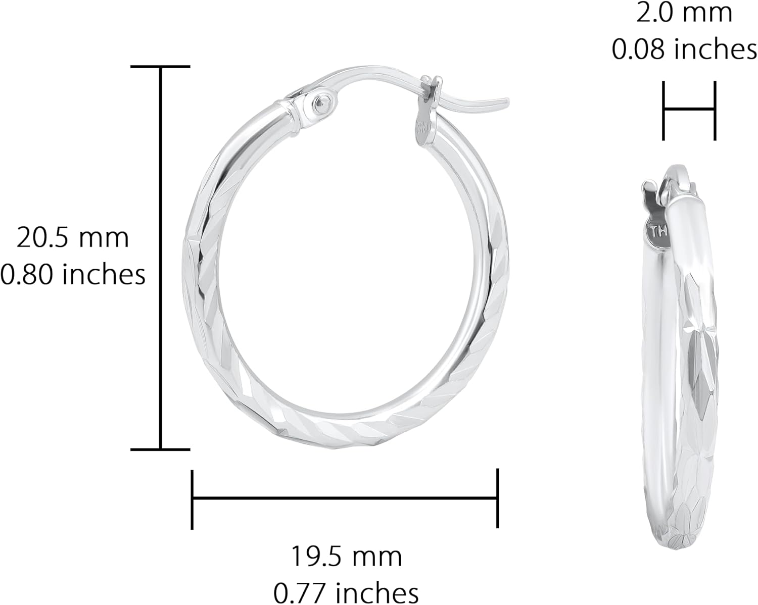 Hoops & Loops 925 Sterling Silver Diamond-Cut Hoop Earrings for Women, 2mm Textured Lightweight Click Top Hoops, 15mm 20mm 25mm 30mm, Silver 14k Yellow Gold & Rose Gold Flash Plated