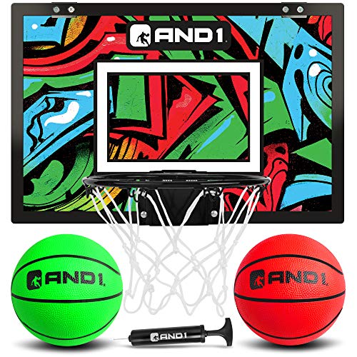 AND1 Mini Basketball Hoop: 18â€x12â€ Pre-Assembled Portable Over The Door with Flex Rim, Includes Two Deflated 5â€ Mini Basketball with Pump, for Indoor, Green/Red