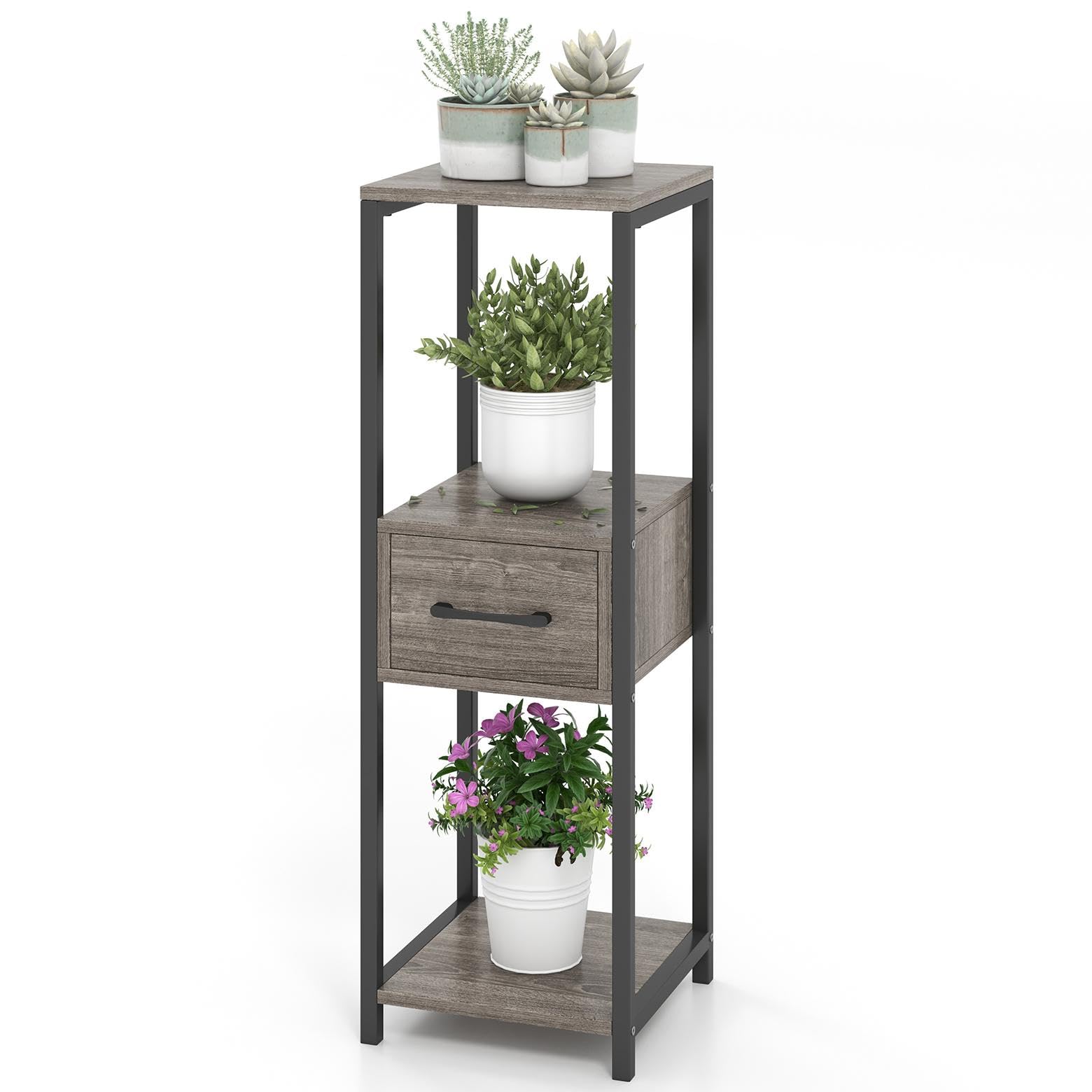 TANGZON 3 Tier Plant Stand, Indoor Outdoor Metal Frame Tall Plant Shelf Holder with Anti-tipping Device, Tiered Multiple Plant Flower Display Rack for Living Room Office Garden (with Middle Drawer)