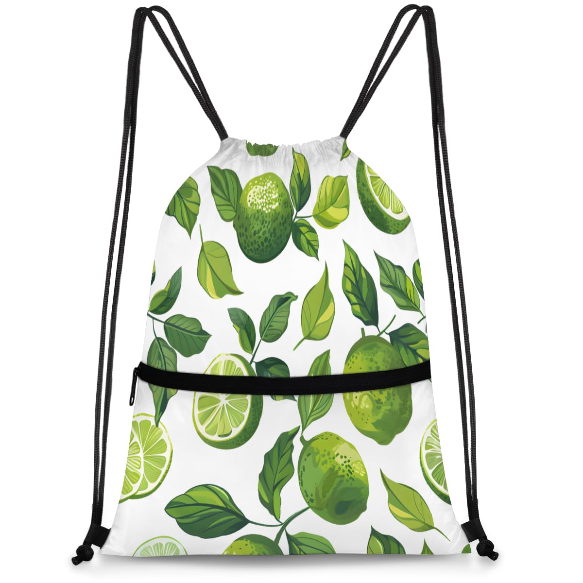 QsirBC Green Lime Design Drawstring Bag for Men &amp; Women, Gym Sports Backpack with Zipper Pocket, Lightweight String Sackpack for Travel, Running, Hiking, Workout
