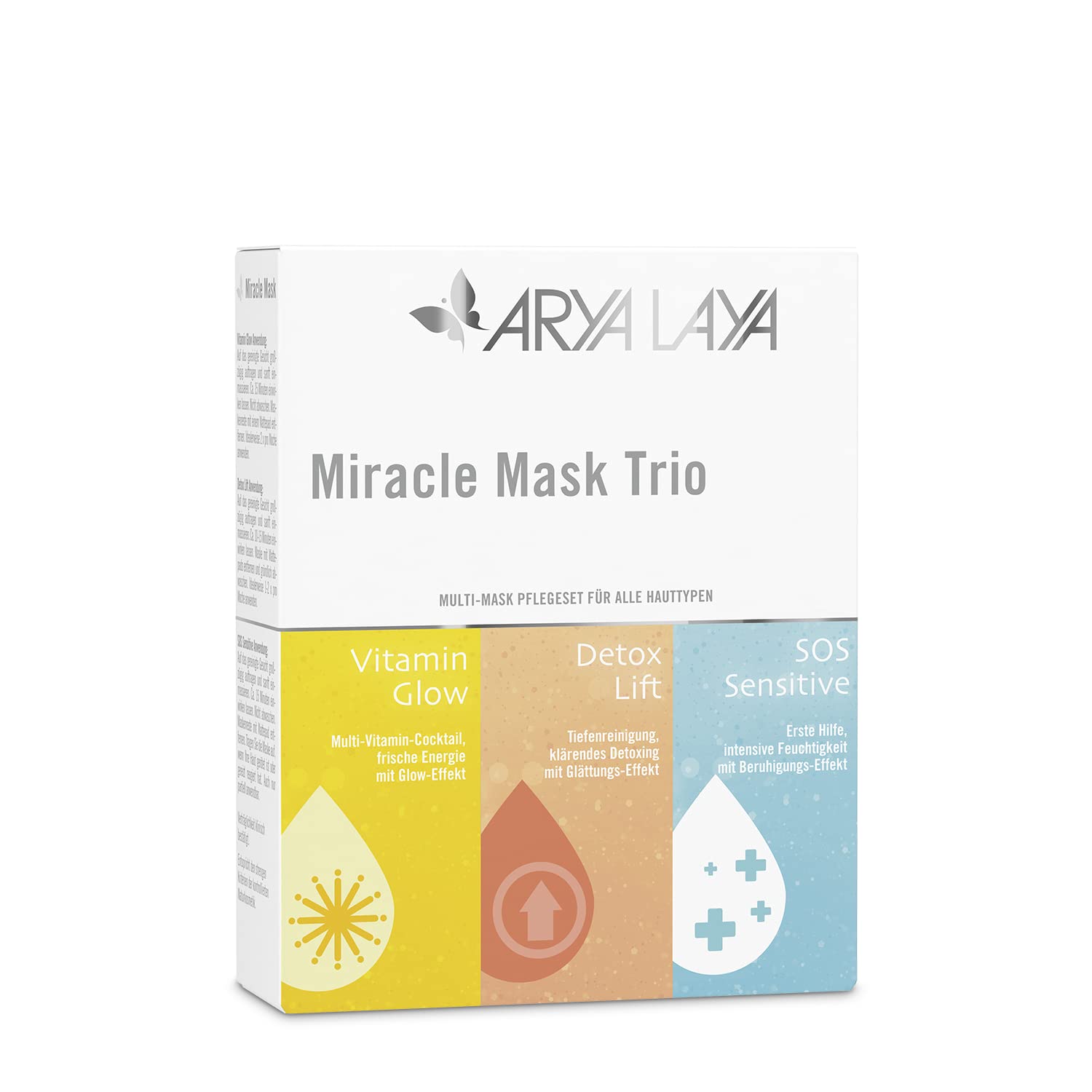 ARYA LAYA Miracle Mask Trio, 3 x 30 ml: pflegende Gesichtsmasken im Set, für alle Hauttypen: mit Glow-Effekt, Glättungs-Effekt & Beruhigungs-Effekt
