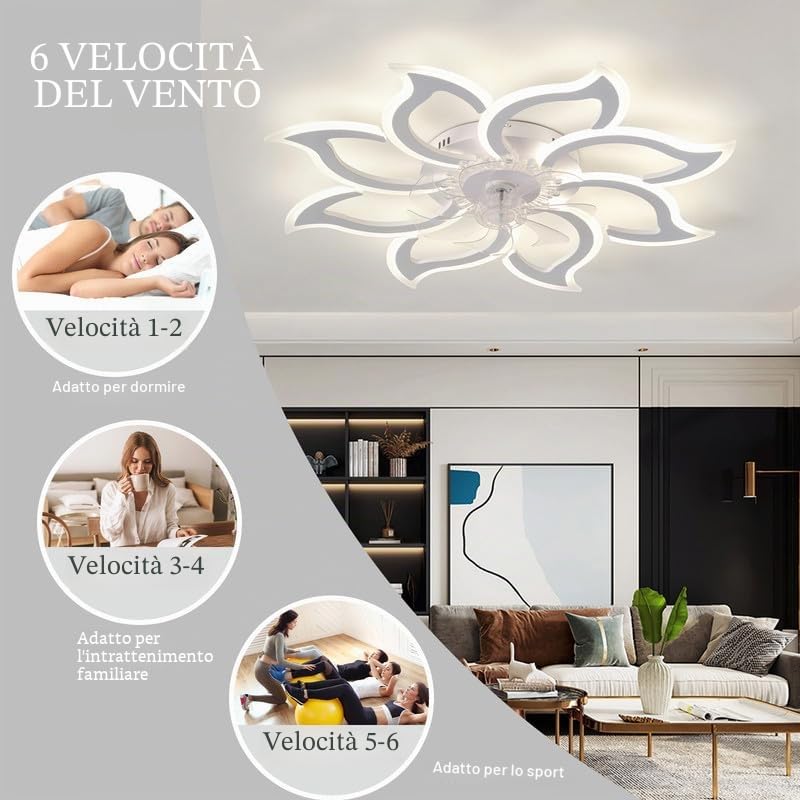 LED Ventilatore da Soffitto con Luce Grande Camera da Letto Dimmerabile Plafoniera Ventilatore Reversibile Moderno Telecomando Silenzioso Lampadario Ventilatore Fiore Smart 6 velocità-Blanc