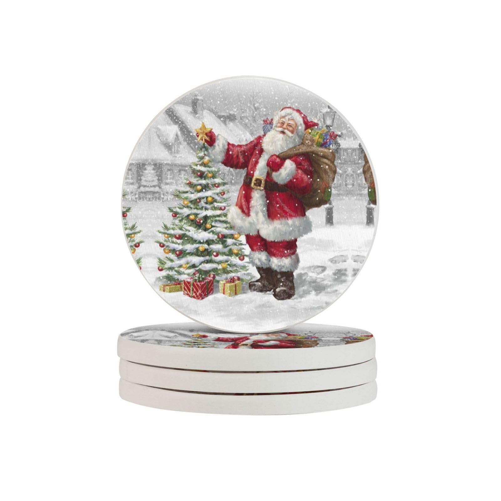 Santa Claus Snow Secenry Print Round Diatomite Coasters (Multipack), Fast-Drying, Drink Coasters For Multipurpose Use