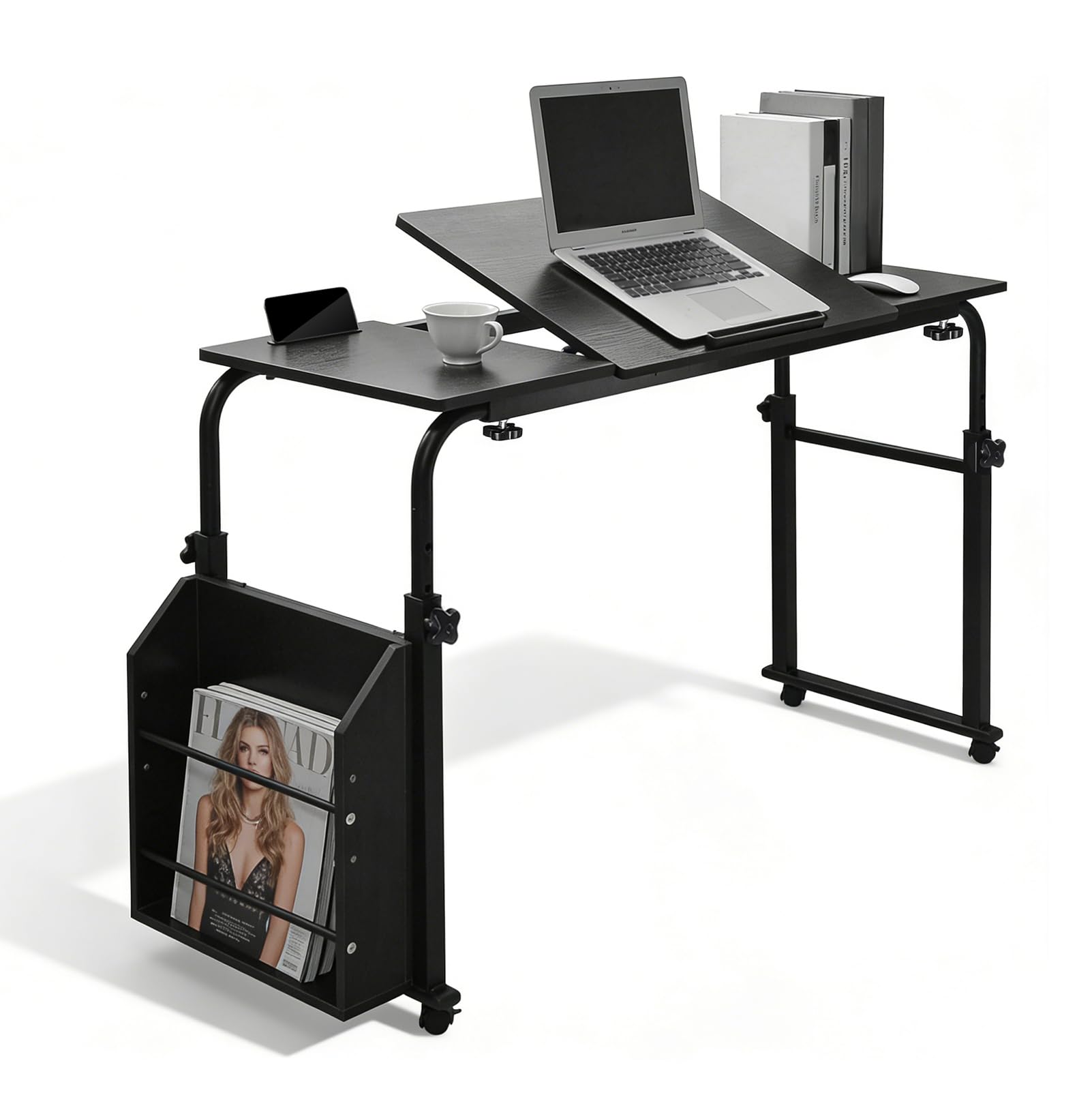 Mesa para cama superior con ruedas, mesa de aseo, altura regulable 60-90 cm, ancho ajustable 80-120 cm, con tablero inclinable y caja de almacenamiento, carrito portátil para cama, sofá u