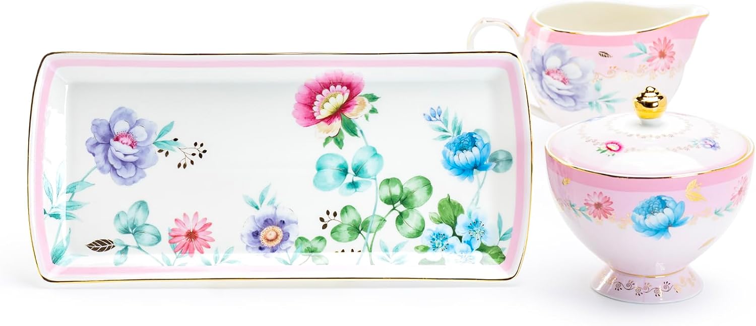 Grace Teaware Gift Boxed Pink Floral Bloom Fine Porcelain Sugar Creamer & Serving Tray Trio Set with Gold Trim