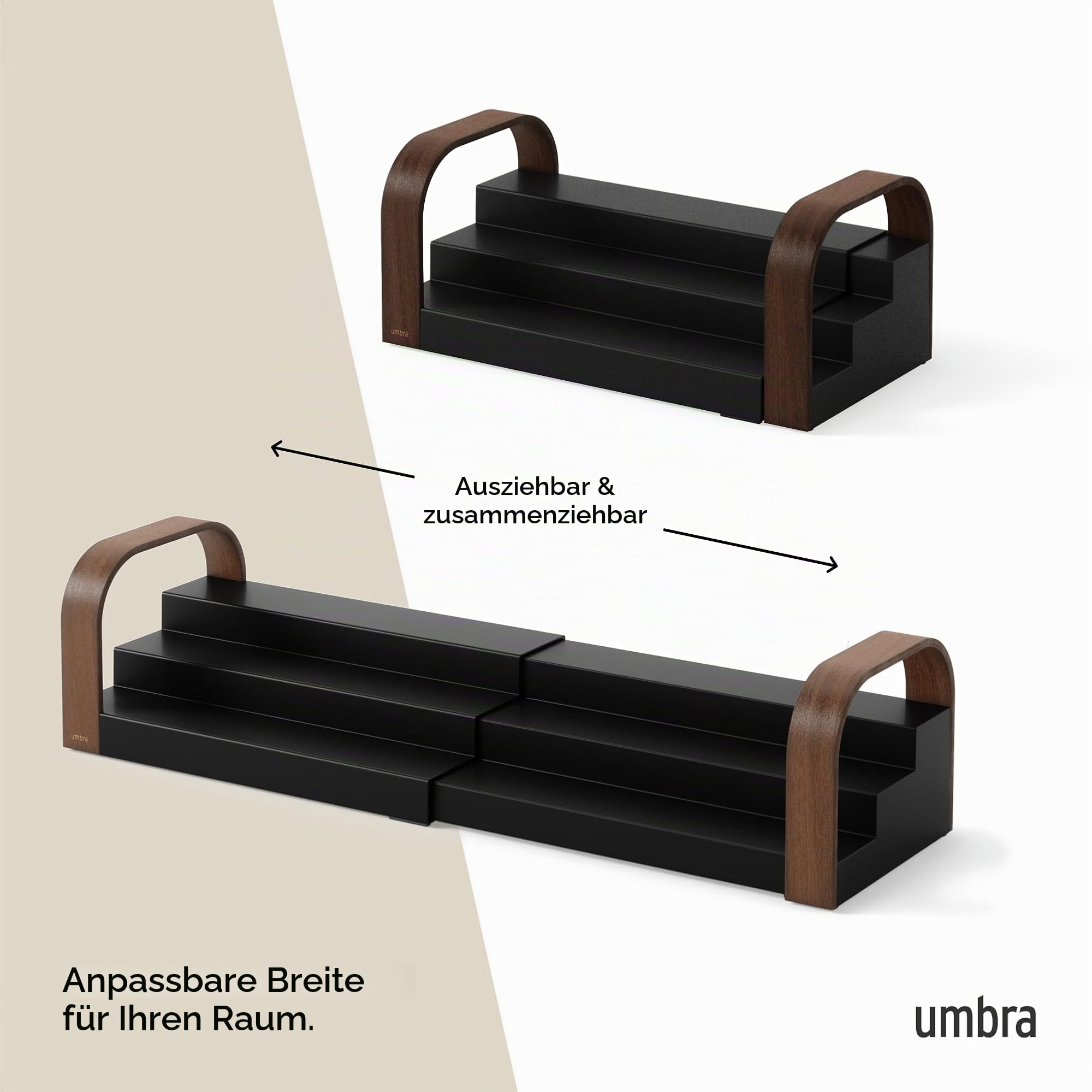 Umbra Bellwood dreistöckiges Gewürzregal, erweiterbarer Küchen Organizer aus strapazierfähigem Kunststoff und Holz, Schwarz/Walnuss