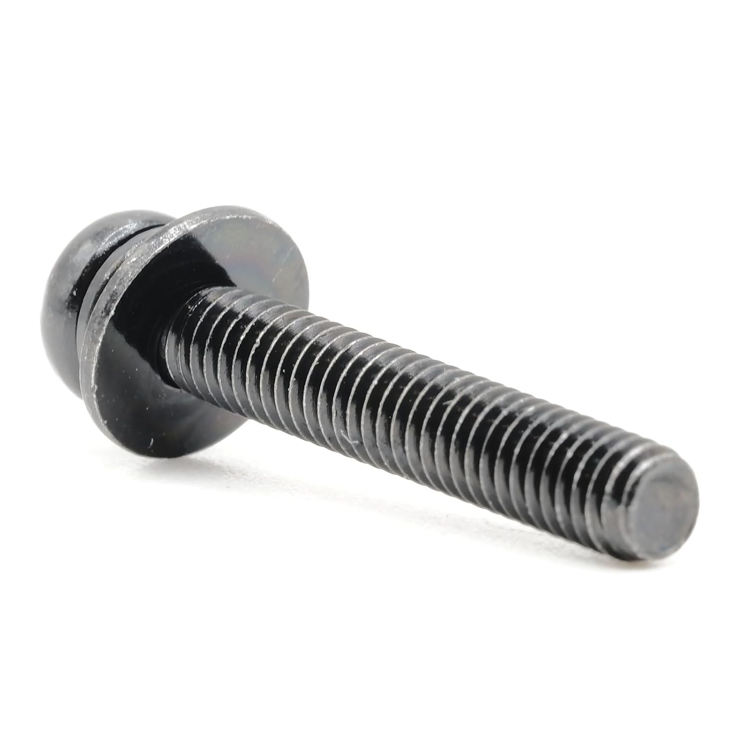 A single black machine screw with a Phillips head and integrated washer, viewed from the side.