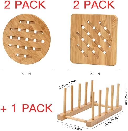 Miniatura 3 de Paquete de 5 salvamanteles para ollas y sartenes calientes con soporte para platos, diseño antideslizante de bambú natural, salvamanteles de bambú