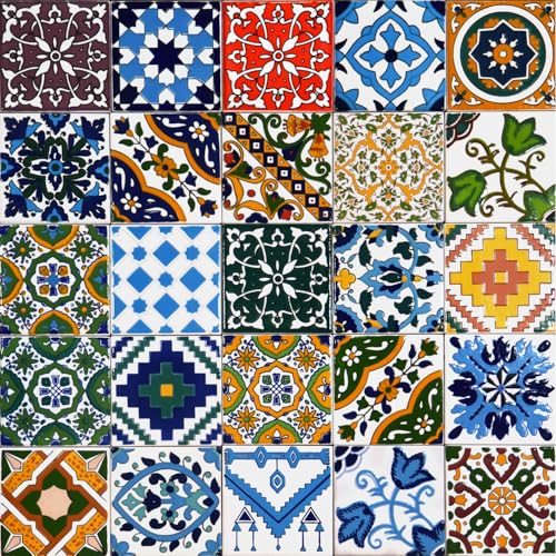 25 Premium Selection-Fliesen aus glasierter Keramik – Rainbow Colors – 10 x 10 cm, Dicke 0,6 cm – tunesische Fliesen, hergestellt mit handwerklichem Siebdruck – zum Abdecken geeignet