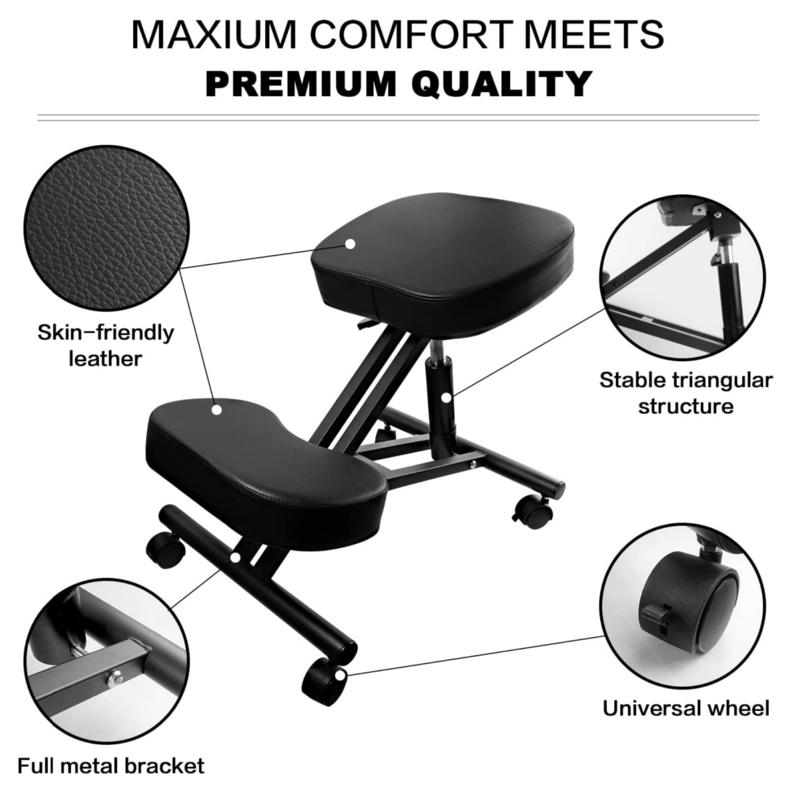 Chaise genoux, ergonomique, repose-genoux, tabouret de bureau, hauteur réglable, avec roulettes, améliore votre posture avec un siège incliné - Coussin épais et confortable - Noir