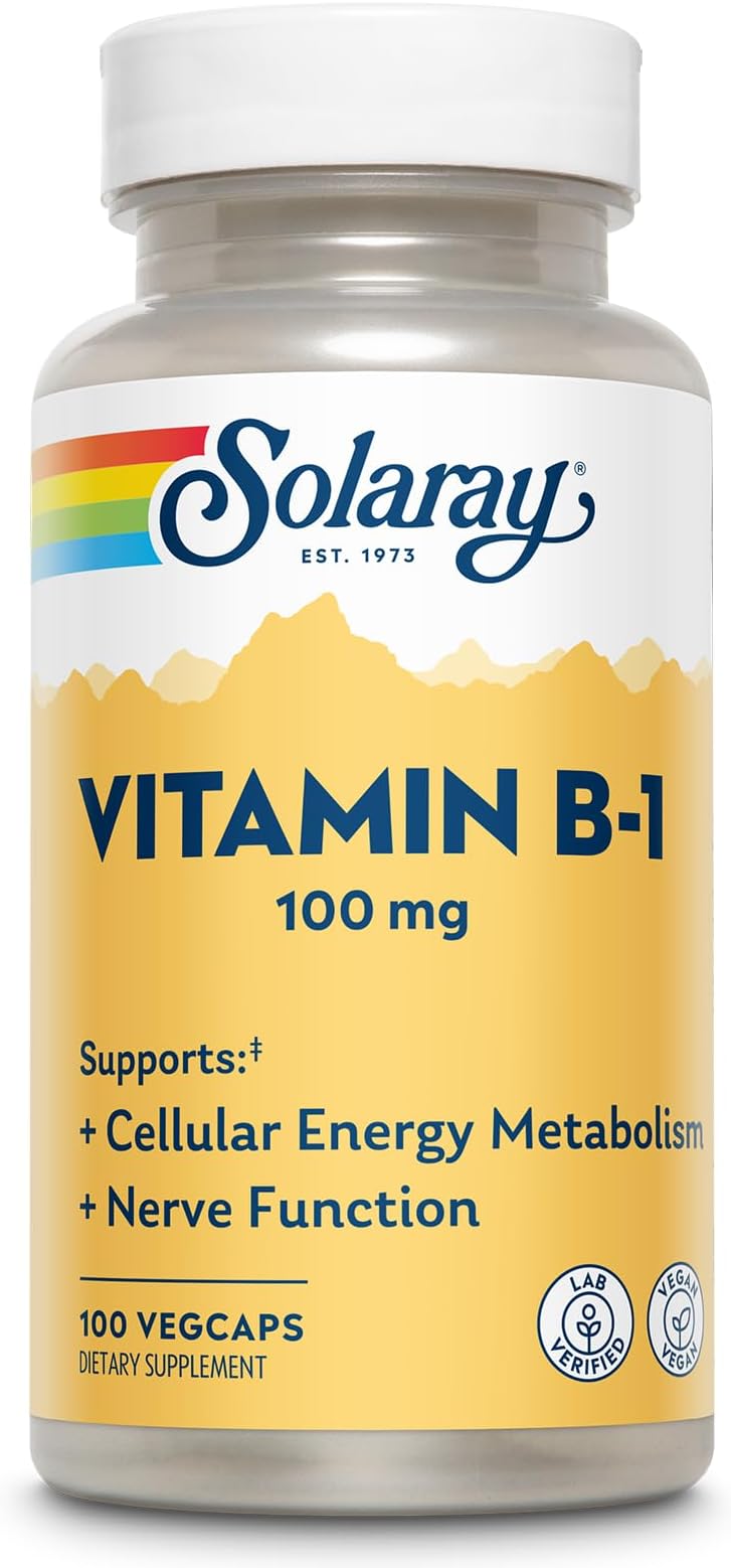 SOLARAY Vitamin B-1 100 mg | Healthy Energy Metabolism, Skin, Brain, Heart & Nervous System Support | 100 VegCaps
