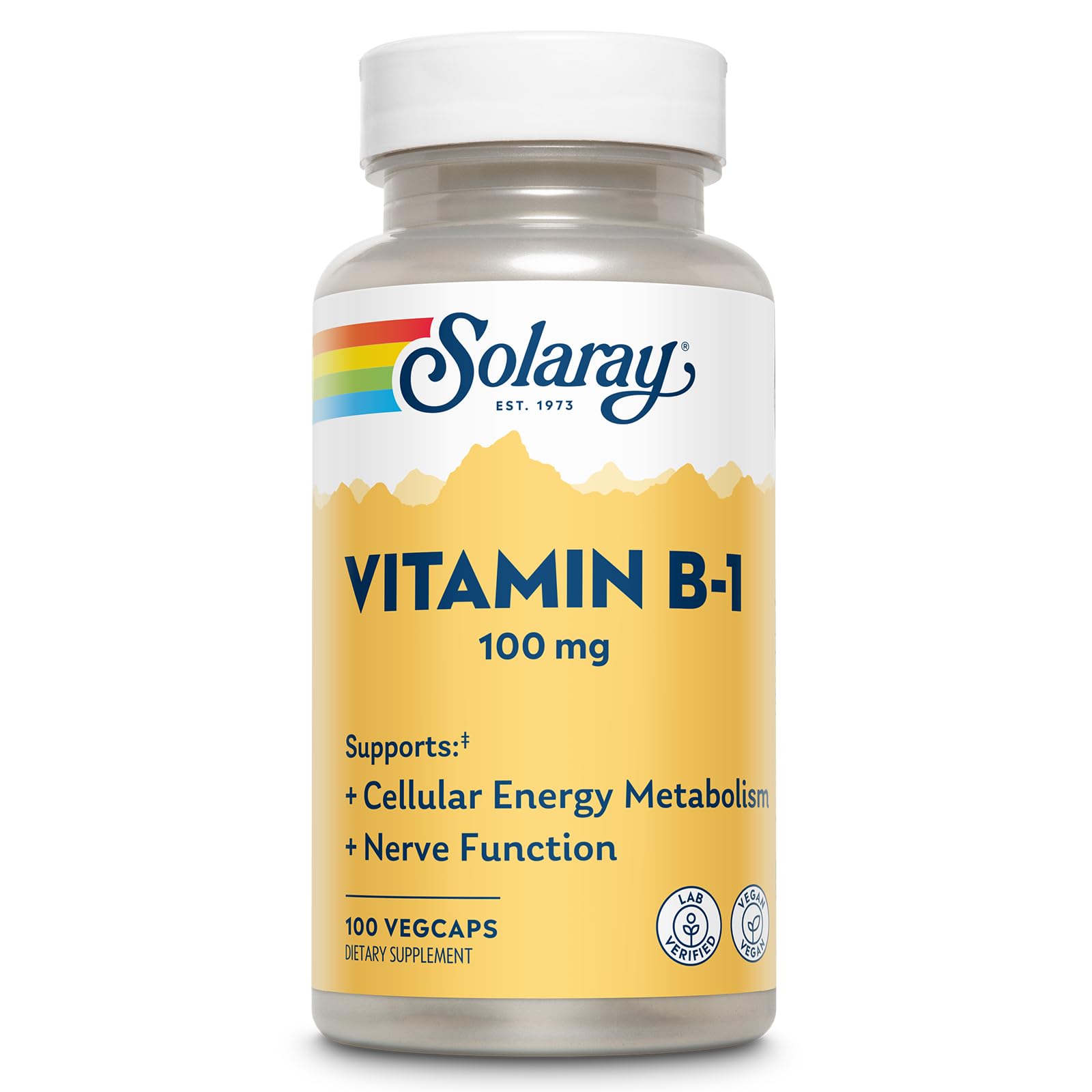 SOLARAY Vitamin B1 100mg (Thiamine) - Cellular Energy Supplements - B1 Vitamin for Adrenal and Cortisol Synthesis, Nervous System Health, PMS and Mood Support, Vegan, 60-Day Guarantee, 100 Servings