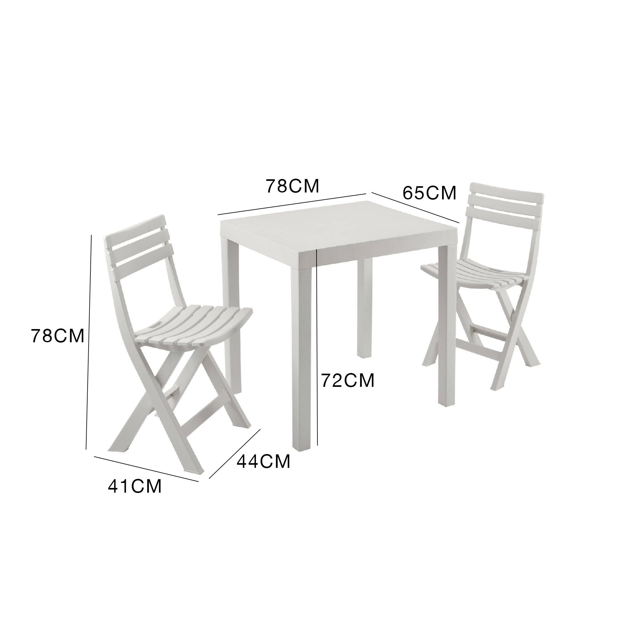 Dmora - Set salotto da esterno Ortisei, Composizione da giardino con 1 tavolo rettangolare e 2 sedie pieghevoli, Salottino indoor e outdoor da Pic Nic, 100% Made in Italy, Bianco