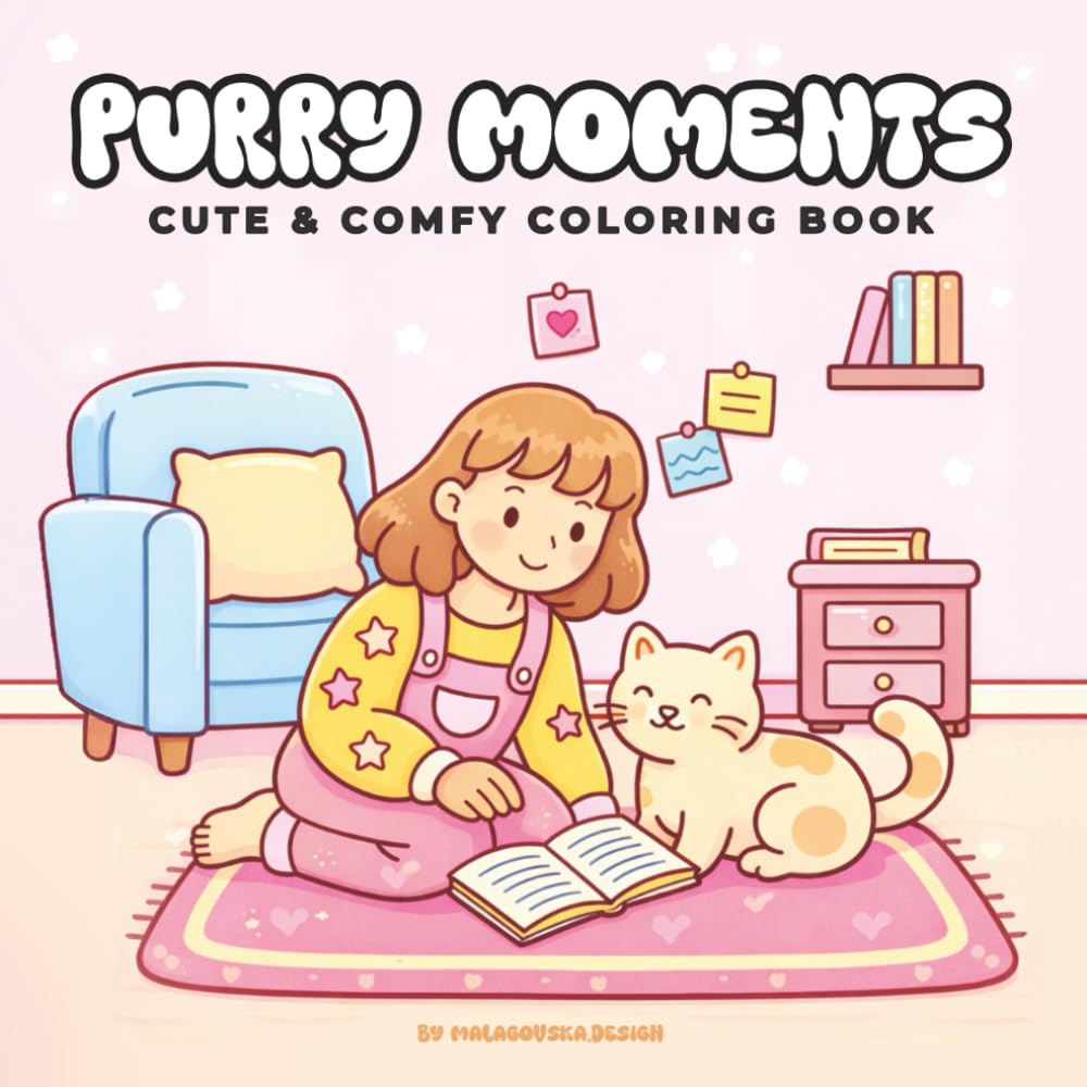 Purry Moments: Cute and Cozy Coloring Book for Adults & Teens Featuring a Girl and Her Adorable Cats for Relaxation and Stress Relief