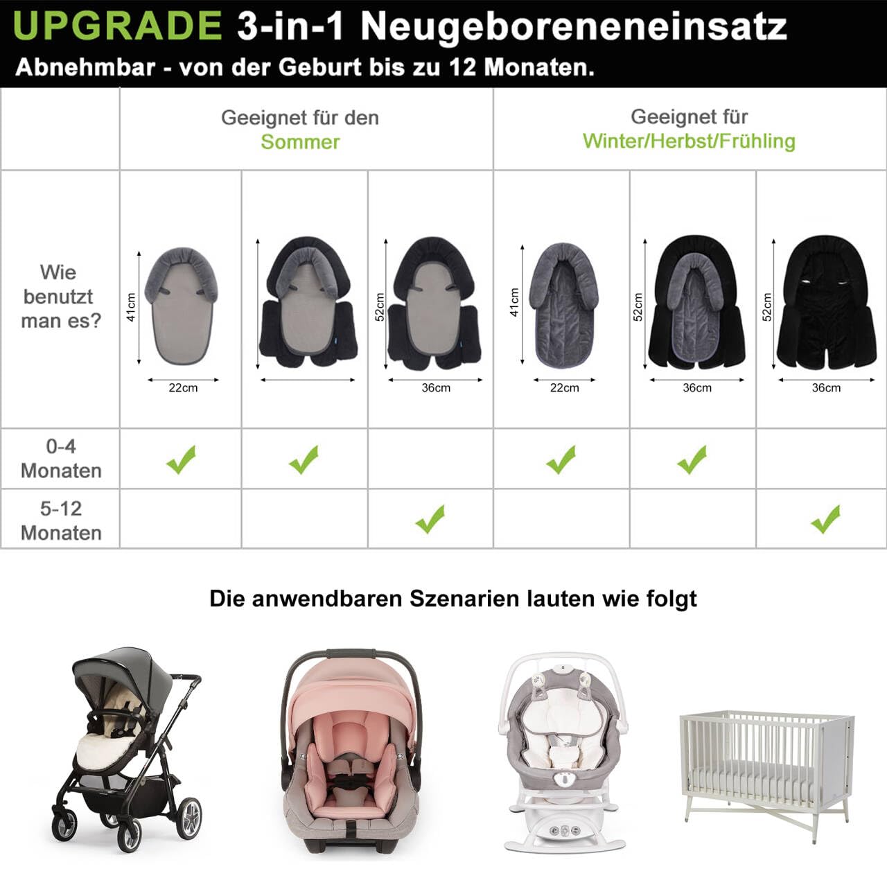 Upgrade 3-in-1 Baby Sitzverkleinerer für Alle Kinderwagen, Babyschale Einsatz und Körperstütze für Neugeborene, Säuglinge, Extraweiches Sitzeinlagenkissen​, Ideal für Alle Jahreszeiten, 53x33cm