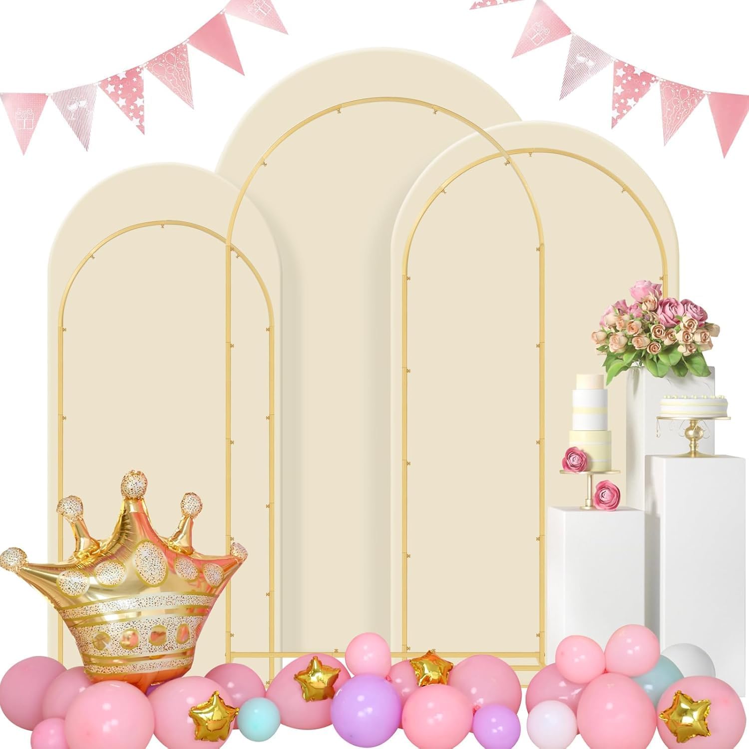 Wedding 3-piece metal wedding arch background bracket (4, 5, 6) with cover cloth - suitable for weddings, birthdays, baby showers, and anniversary celebrations (Beige, 6*6.6*7.2)